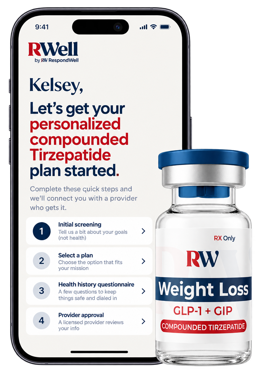 RWell online intake steps shown on a phone next to a compounded Tirzepatide vial