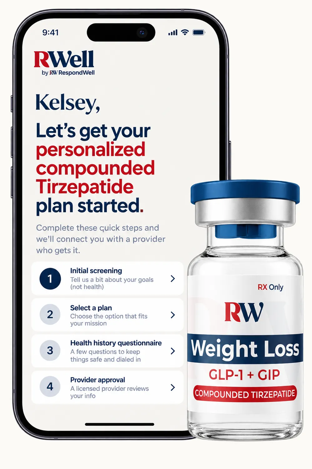 RWell online intake steps shown on a phone next to a prescription vial